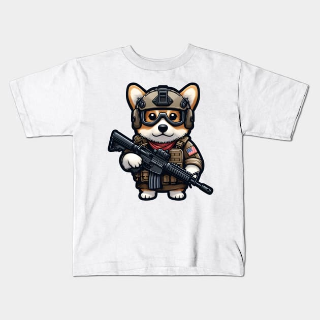 Tactical Corgi Kids T-Shirt by Rawlifegraphic